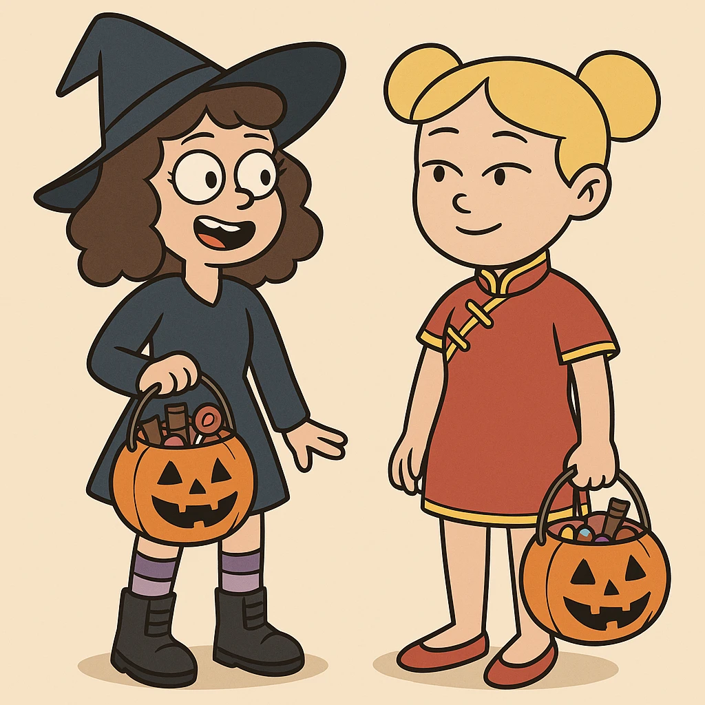 girl brown classic curls hair blue witch a witch costume purple stripes socks black boots girl yellow hair Chinese Girl Costume Red Oriental Dress red shoes some trick or treats  emoji