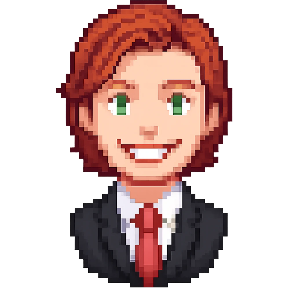 Headshot of a red-haired man in a black suit with a red tie, smiling, showing only the head and a bit of the torso, no beard, pixel art style, with no background. Use pixel art style as a reference for the general editor. emoji