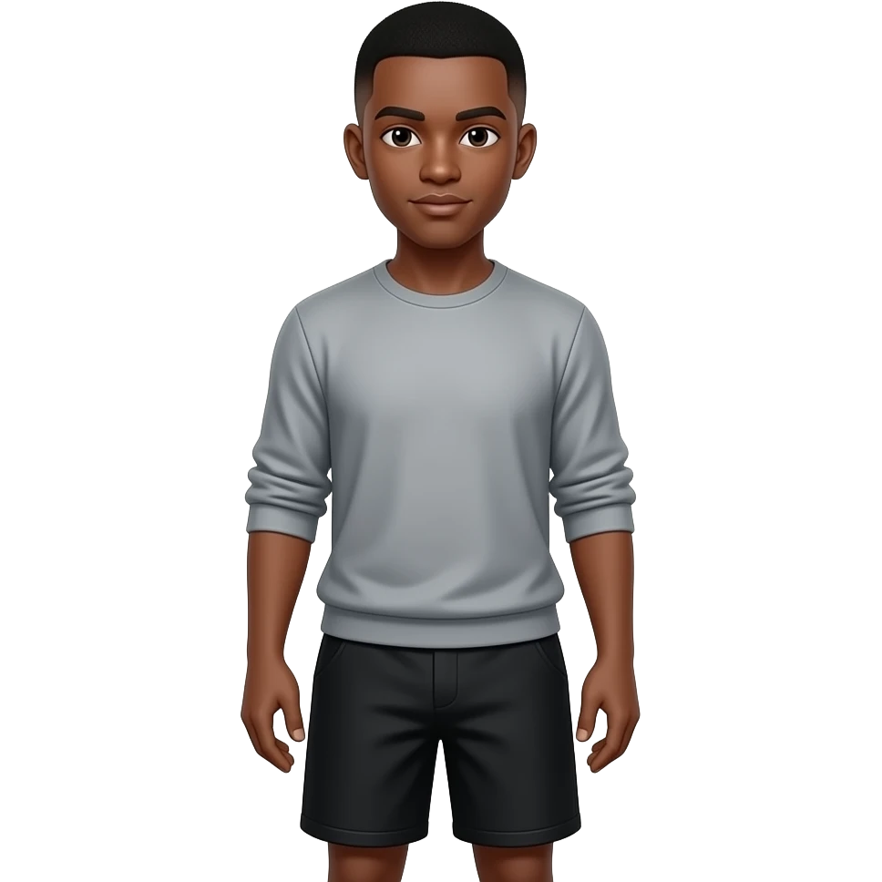 make a black skinned  22 year old with a low taper fade in Black shorts with a grey long sleeve shirt emoji
