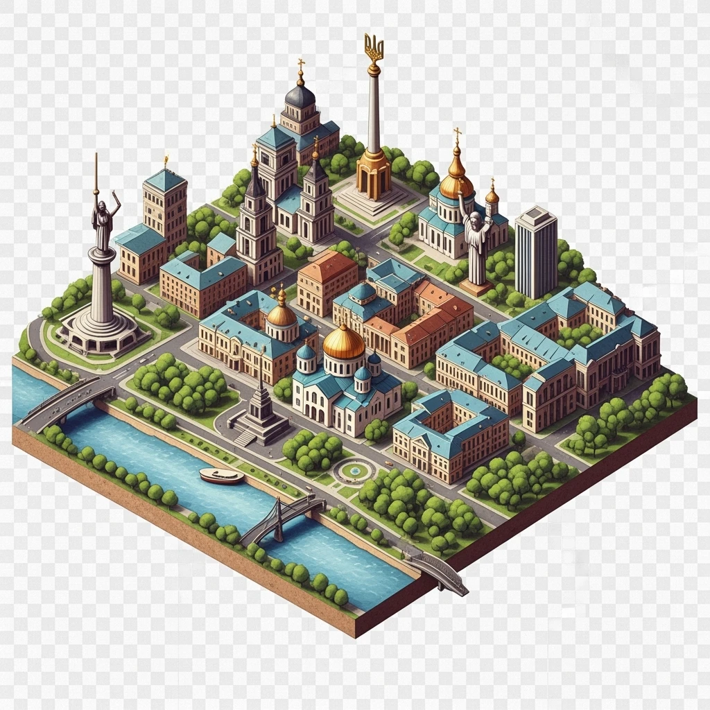 Isometric illustration of photorealistic Kyiv, balanced between paint stylized and realistic, 3D miniature effect, transparent background. emoji