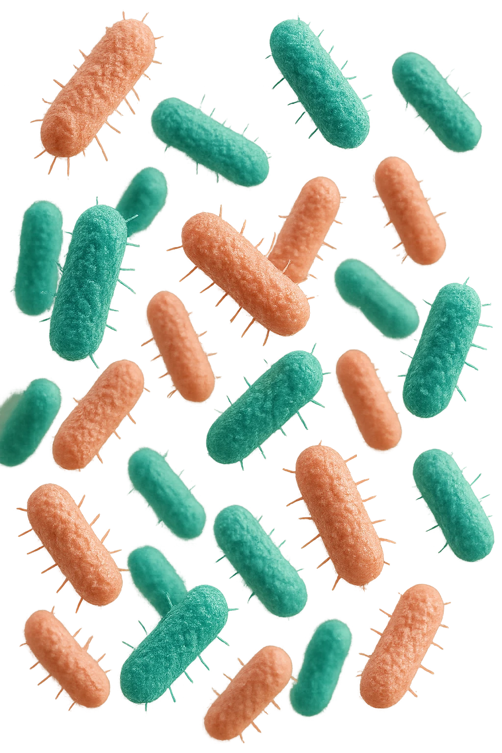 batteri intestinali rosa salmone e turchesi fluttuano in aria, iperrealistici 4k emoji
