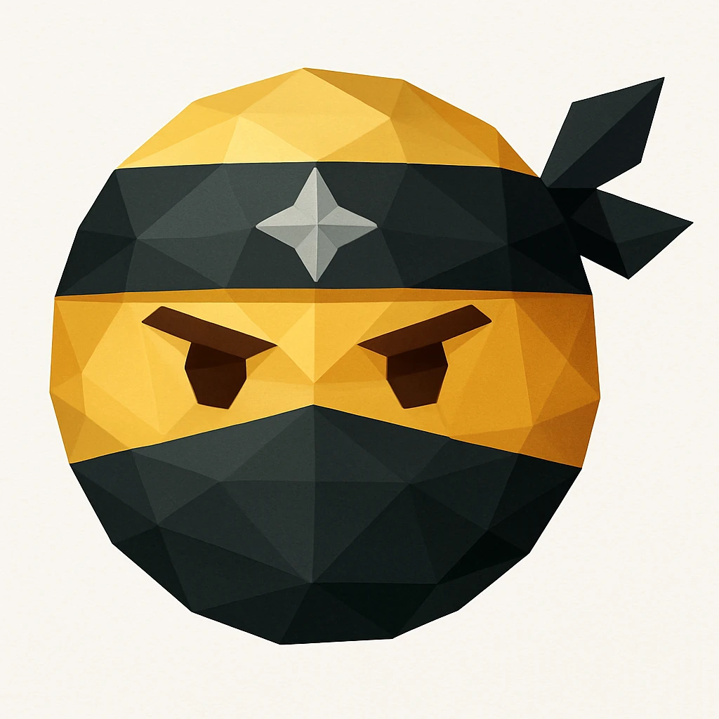 ninja emoji, masked face, headband with symbol, low-poly geometric shapes, modern look, polygonal icon style emoji