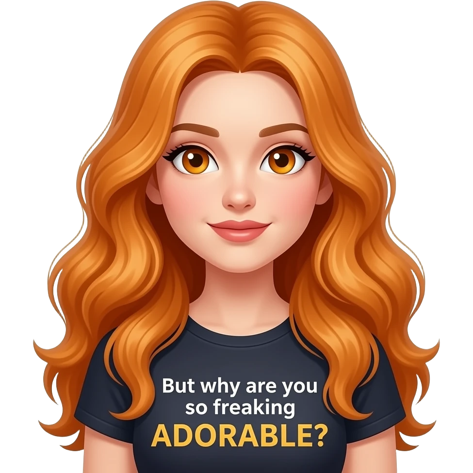sexy girl with overlong ginger hair and ginger eyes a top with But wy are you so freaking ADORABLE? written on it emoji