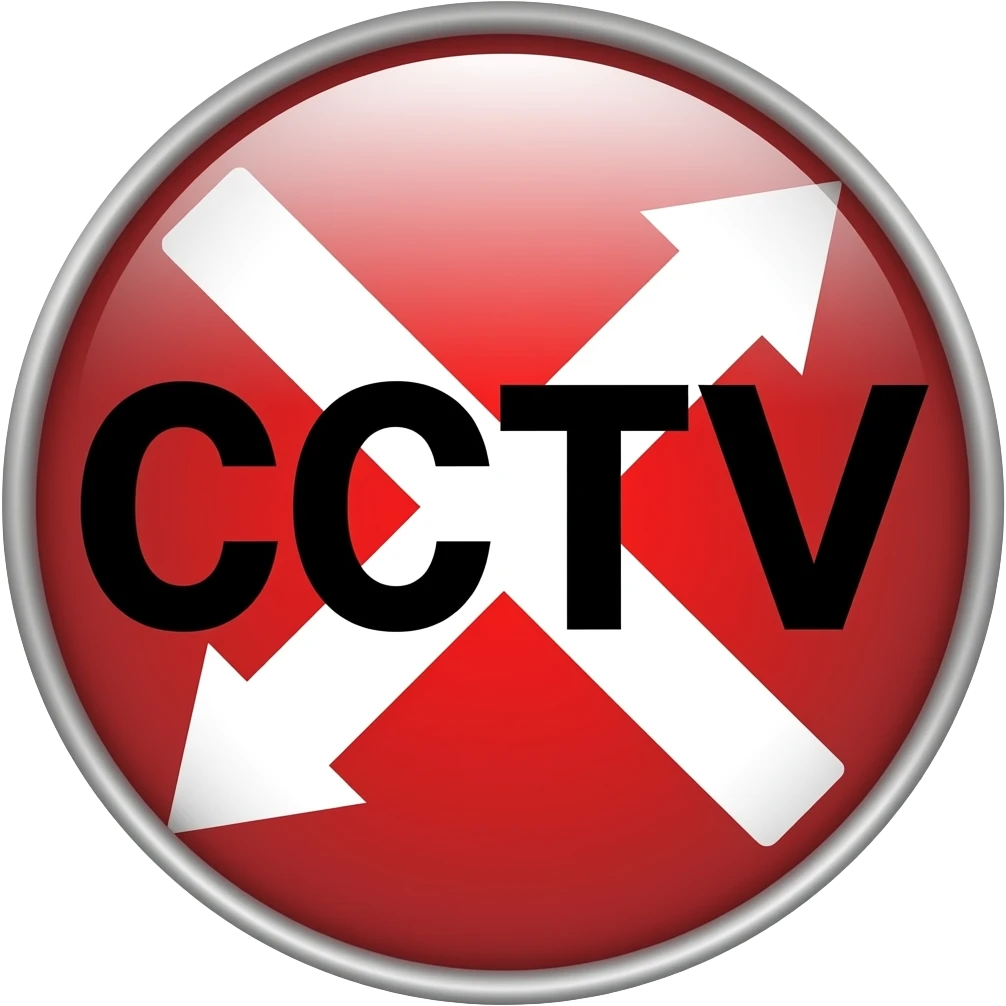 Red filled circle with white X and arrow on all end points on the X white circle in the middle. Big bold CCTV word in the centre in black emoji