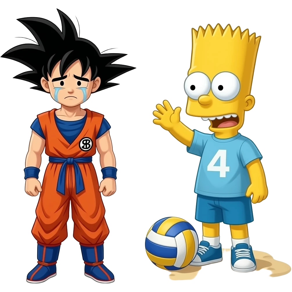 goku,very sad bart with hypebeast clothe and geometry dash character saying goodbye to the screen with a beach volley ball at their feet emoji