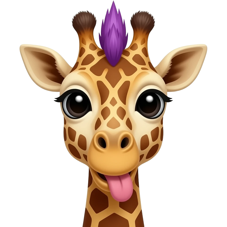 giraffe with purple mohawk, tongue sticking out and front view face emoji