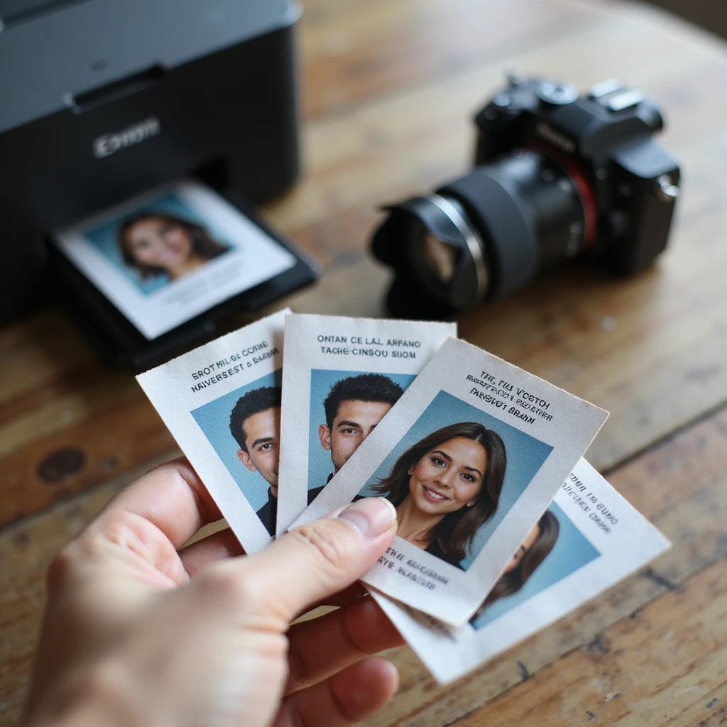 realistic thumbnail for a passport photo printing service, featuring a hand holding several printed passport photos with a camera and printer in the background emoji