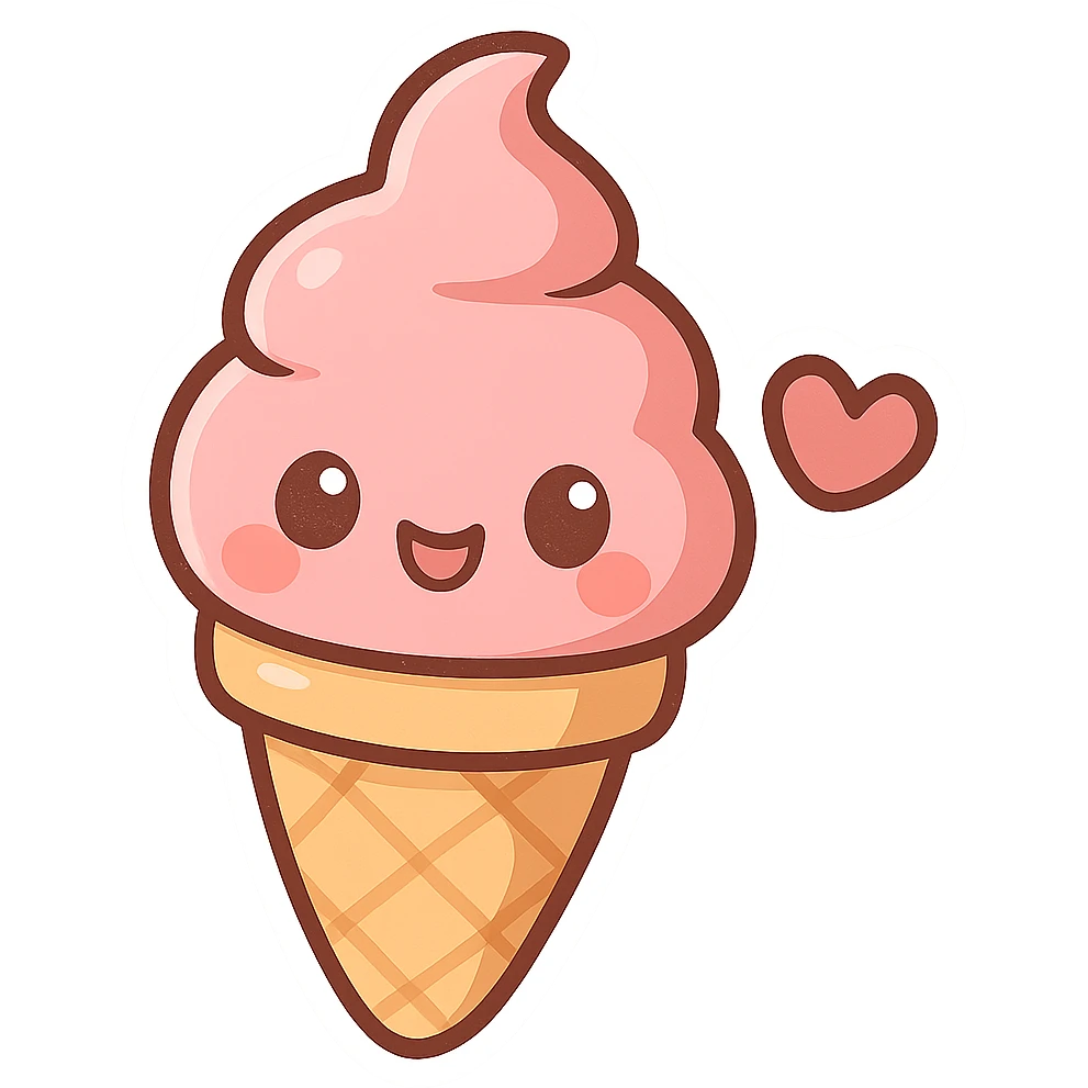 chibi sticker-style ice cream cone with a heart accent, cute and exaggerated emoji