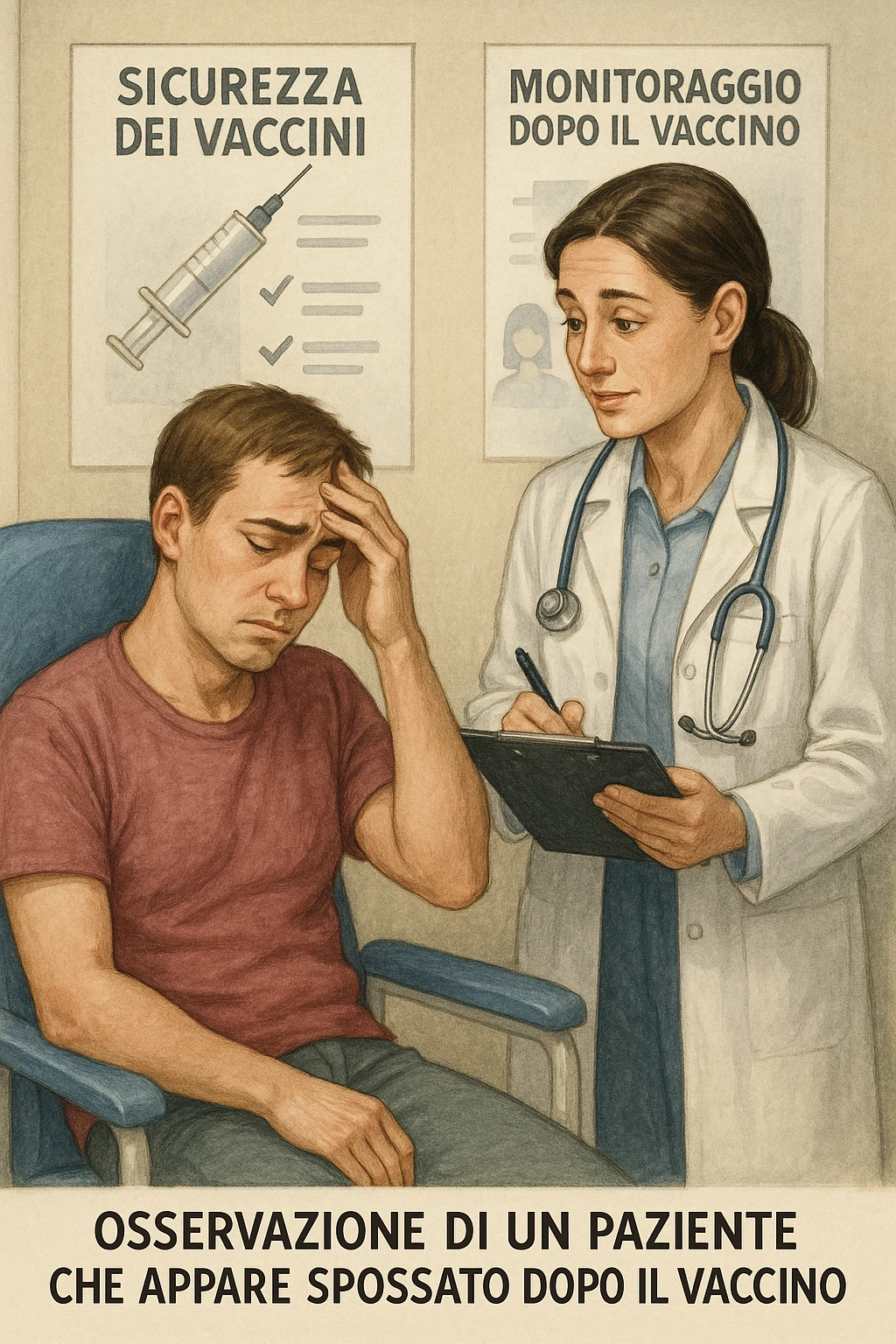 Vertical, educational medical illustration: a healthcare professional observes a patient who appears unwell after receiving a vaccine. The patient sits in a clinic chair, showing mild symptoms such as fatigue or headache, while the professional takes notes and offers reassurance. The background includes educational posters about vaccine safety and monitoring. realistica in italiano emoji