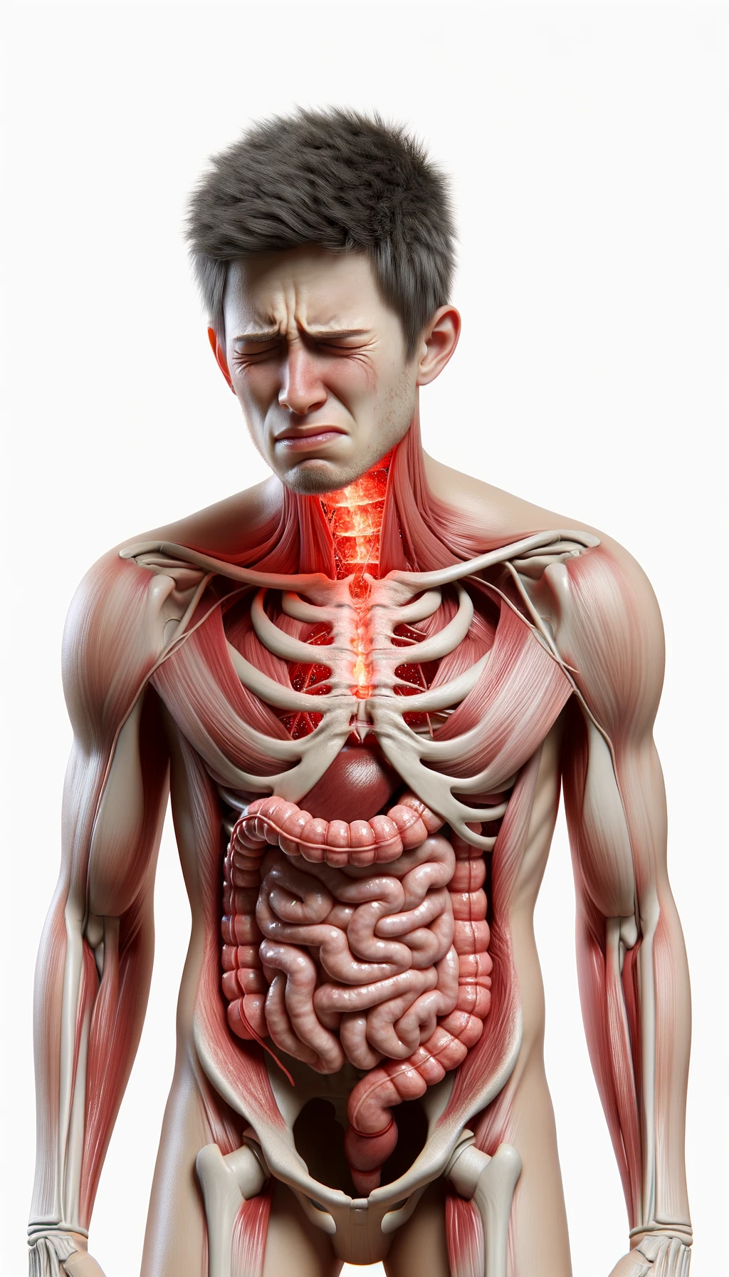 corpo umano anatomico con capelli corti realistico con intestino infiammato, espressione di dolore in volto, iperrealistico 4k, isolato su sfondo bianco emoji