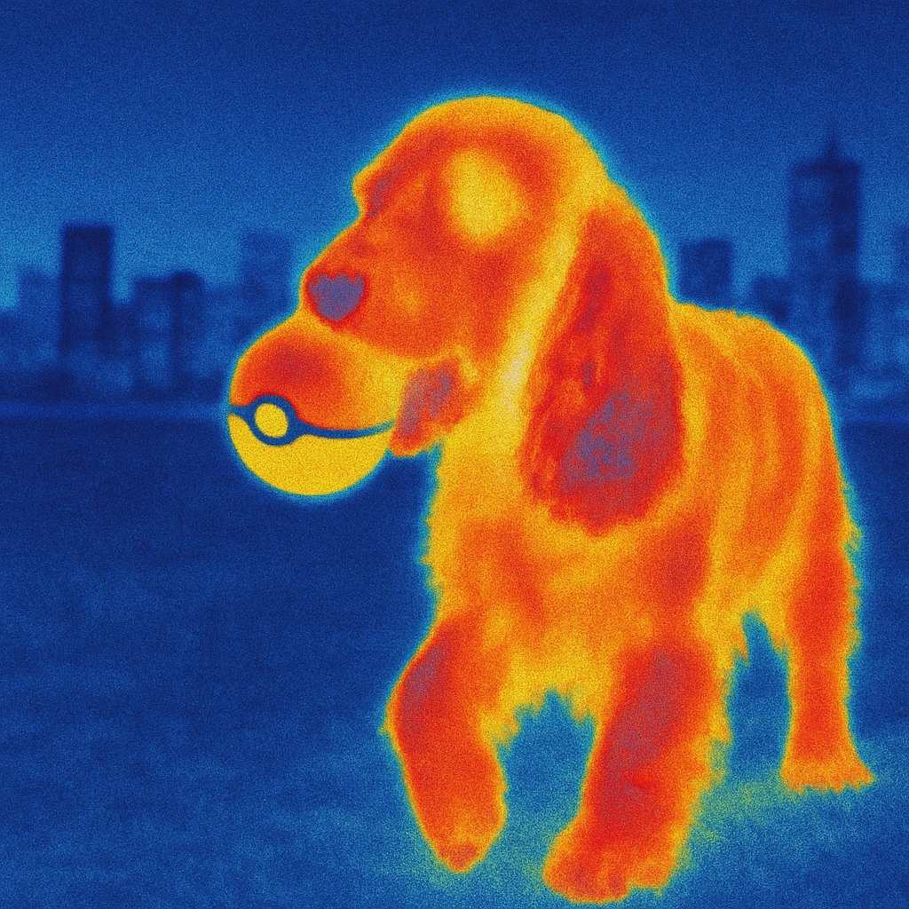 Russian Cocker Spaniel playing with a Poké Ball in its mouth with a city background emoji