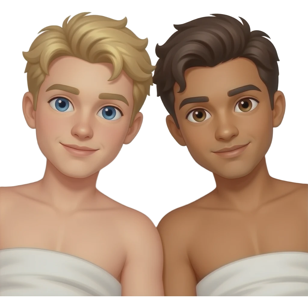 Make a young gay couple on a Date , one has light Skin with Blond Hair and Blue Eyes, the other one has slightly brown skin witz dark Brown Hair and Brown Eyes. They are laying shirtless on a couch. emoji
