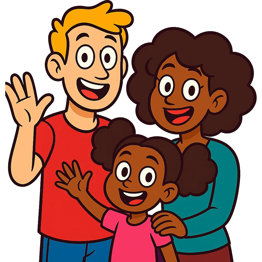 vibrant toon style family with white dad, black mom, and black child, no background emoji