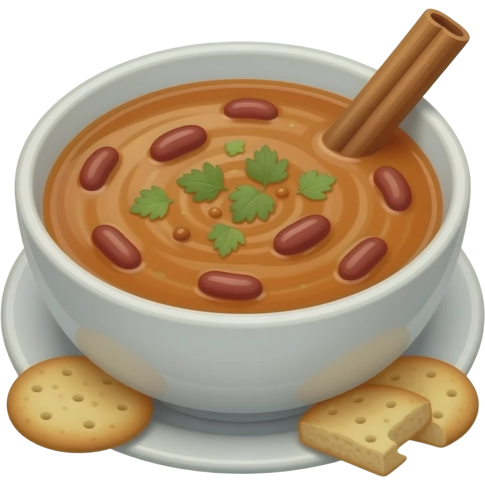 Genera una sopa espesa con el color rojo de las habichuelas, sin cambiar las galletas, la astilla de canela y el tazón de está imagen emoji