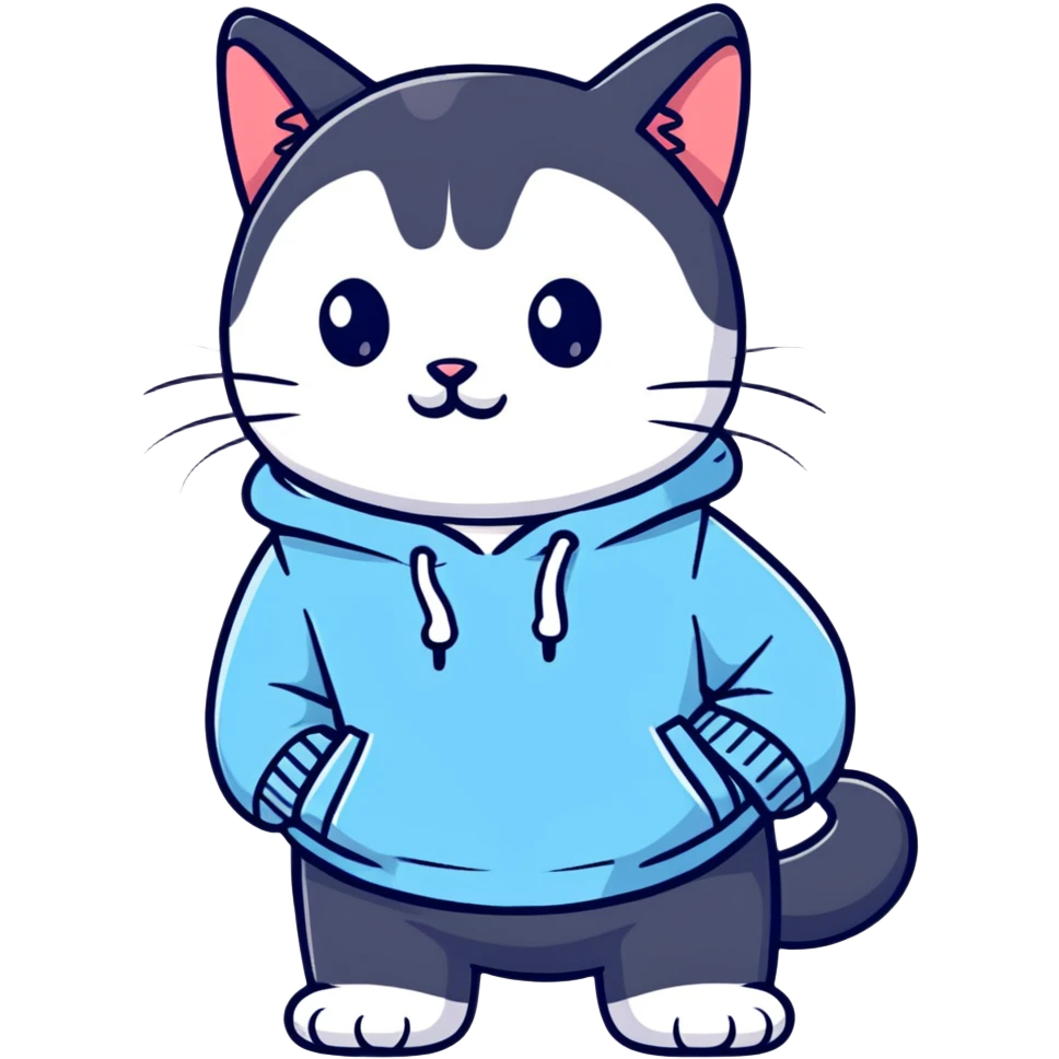 black and white cat wearing light blue sweatshirt emoji