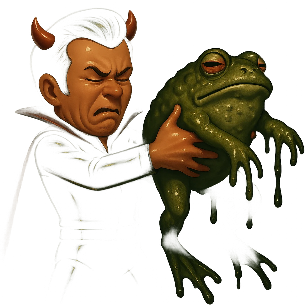Remove all text from the image. Dress the character in a black leather jumpsuit instead of white, keep the short cape and very tiny horns. The character is holding a giant slimy toad away from himself with both hands and straight arms, head turned away in disgust, cringing. The background is swampy. Use retro sticker style with no borders. Maintain the grim vibe of the image. emoji