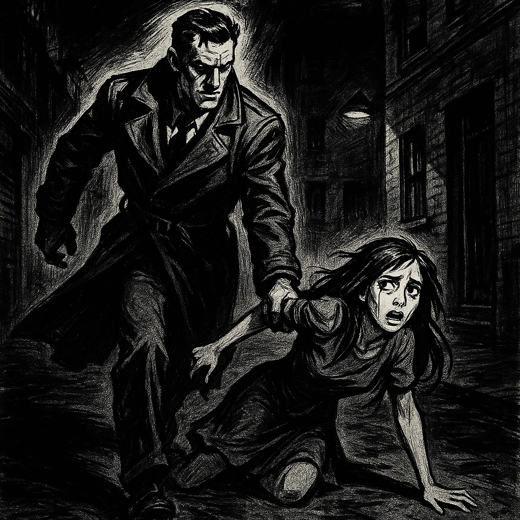 a man in a trench coat dragging a girl, illustrated in noir comic style emoji