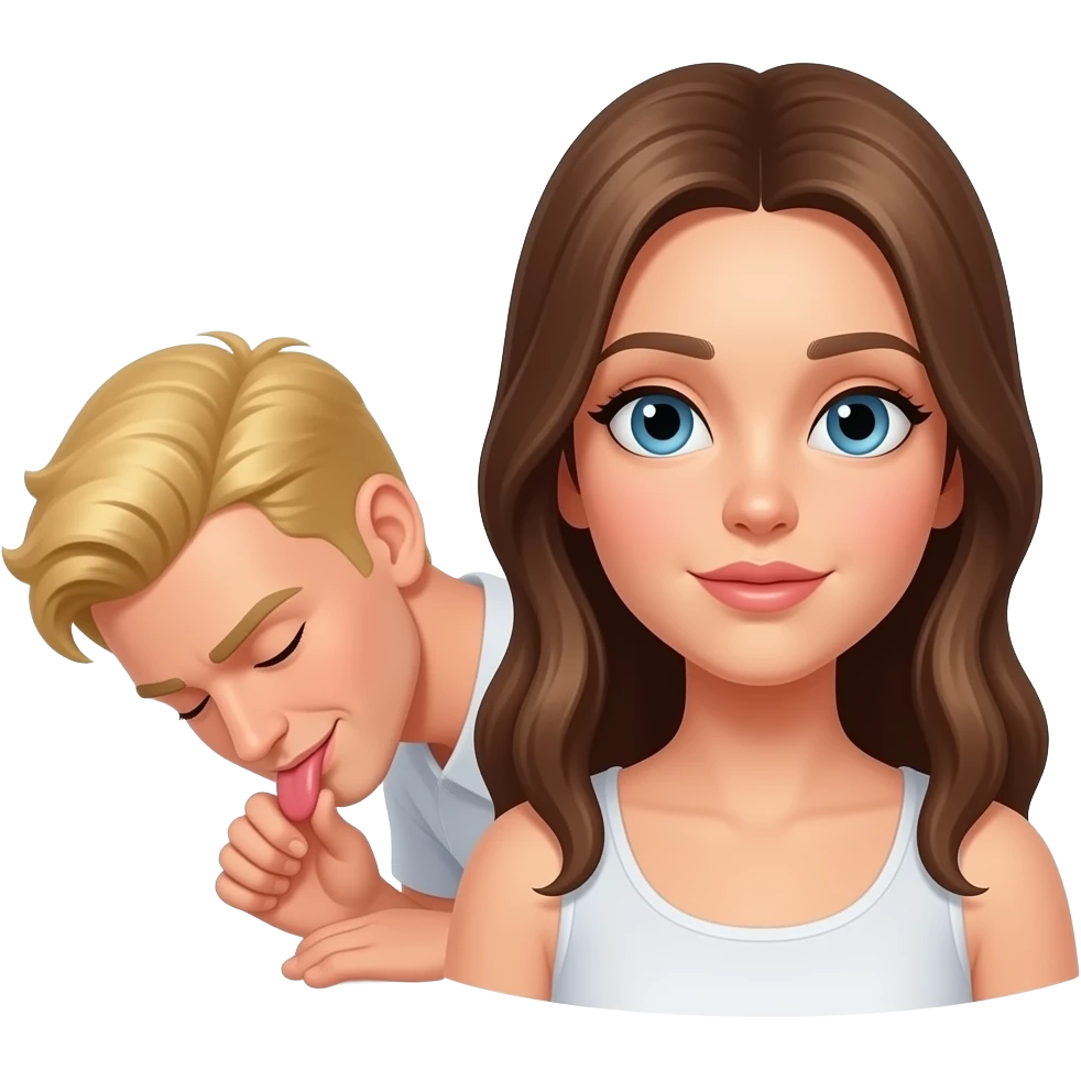 Blonde man with closed eyes bowed, licking soles of a brunette emoji