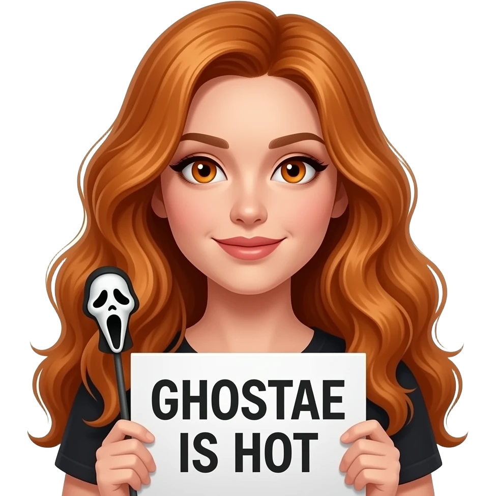 sexy girl with long wavy ginger hair and ginger eyes wearing a top is holding a GHOSTFACE is HOT sign emoji