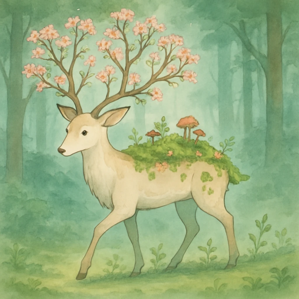 A gentle deer spirit companion with antlers that branch into flowering trees, moss and small mushrooms growing along its back, leaving a trail of sprouting plants with each step through a misty forest emoji