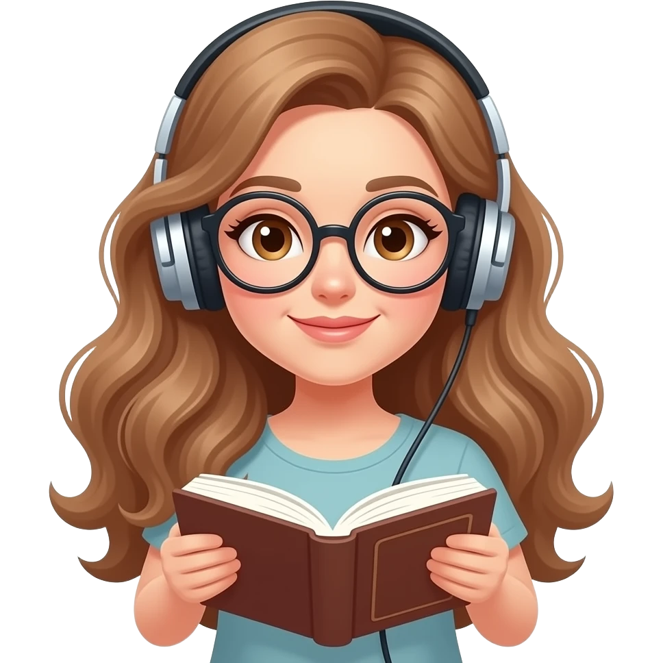detailed emoji illustration of a curvy woman with long light brown wavy hair, light brown eyes and round glasses reading a book while wearing headphones, relaxed and focused vibe, cute emoji style emoji