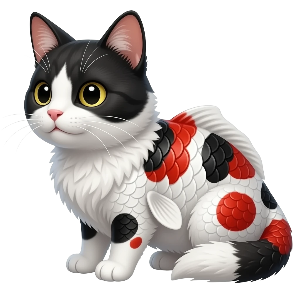 White, black, red, Koi-fish-fox-cat with thick fleshy catfish-whiskers, furry scaly, cute realistic oriental, Japanese painted marked patterned shiny glossy smooth emoji