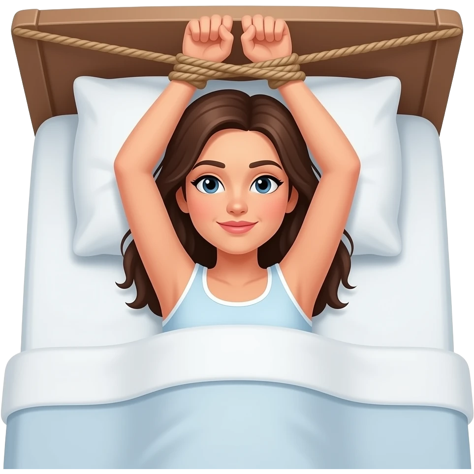 Femme allongée sur le dos dans un grand li t avec les bras  attaché à la tête de lit emoji