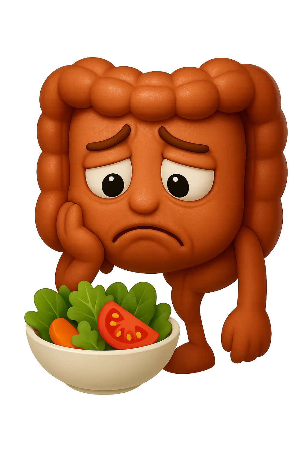 EMOJI STILE IPHONE DI UN INTESTINO UMANO ANATOMICO CHE GUARDA UN INSALATA CON ESPRESSIONE TRISTE E RASSEGNATA IN VOLTO: SOFFRE LA FAME PERCHé è A DIETA, FAGLI ANCHE LA PARTE BIANCA DEGLI OCCHI, NON SOLO LE PUPILLE, IPERREALISTICO 4K emoji