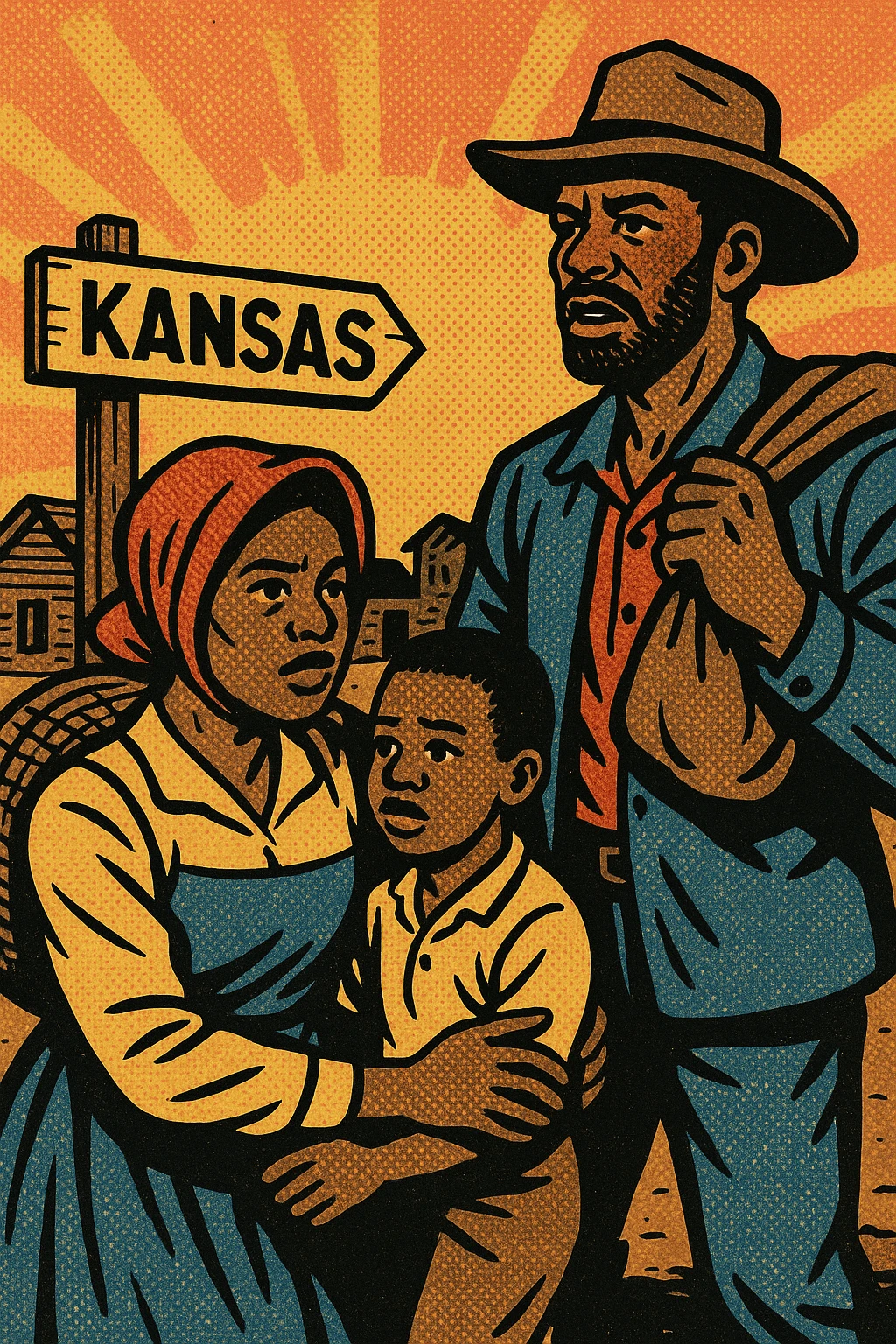 An African American black exoduster family in the American West in 1879 in a small settler town with the sign post Kansas emoji