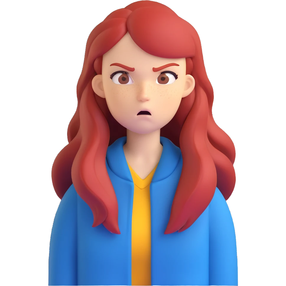 Redhead girl with long hair in blue jacket looking angry emoji
