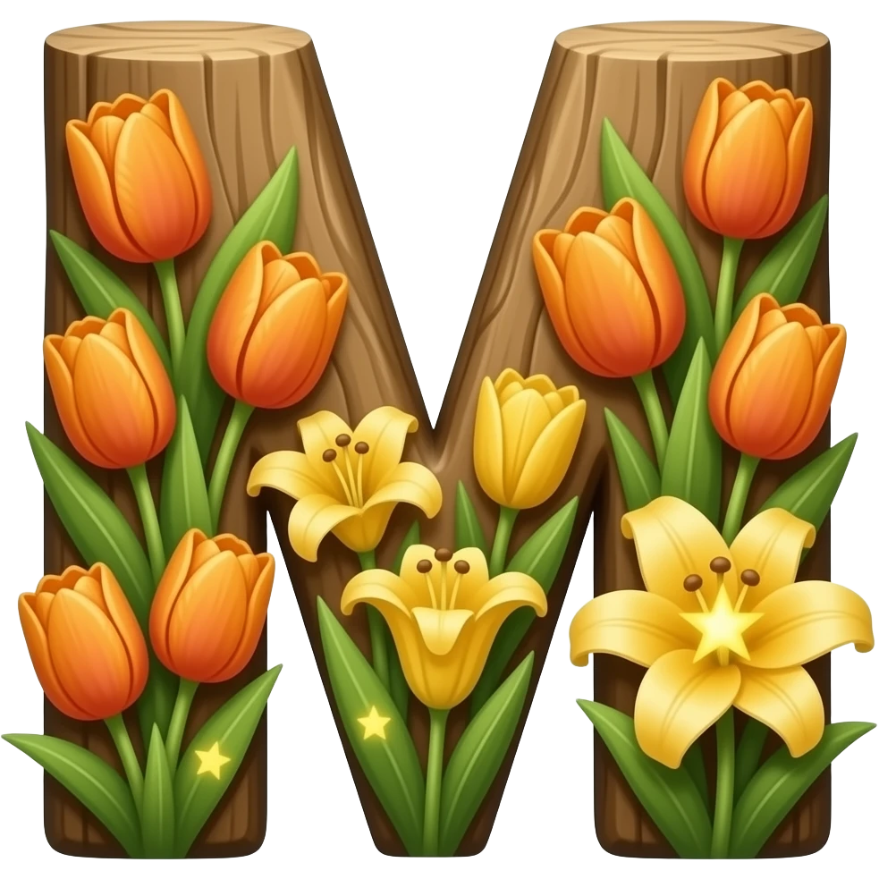 A text 'NAME' formed from tree wood board. Vibrant tulips and lilies bloom from the letter, each flower center glowing like a tiny star. Dreamy atmosphere, hyper-realistic, soft pastel colors emoji