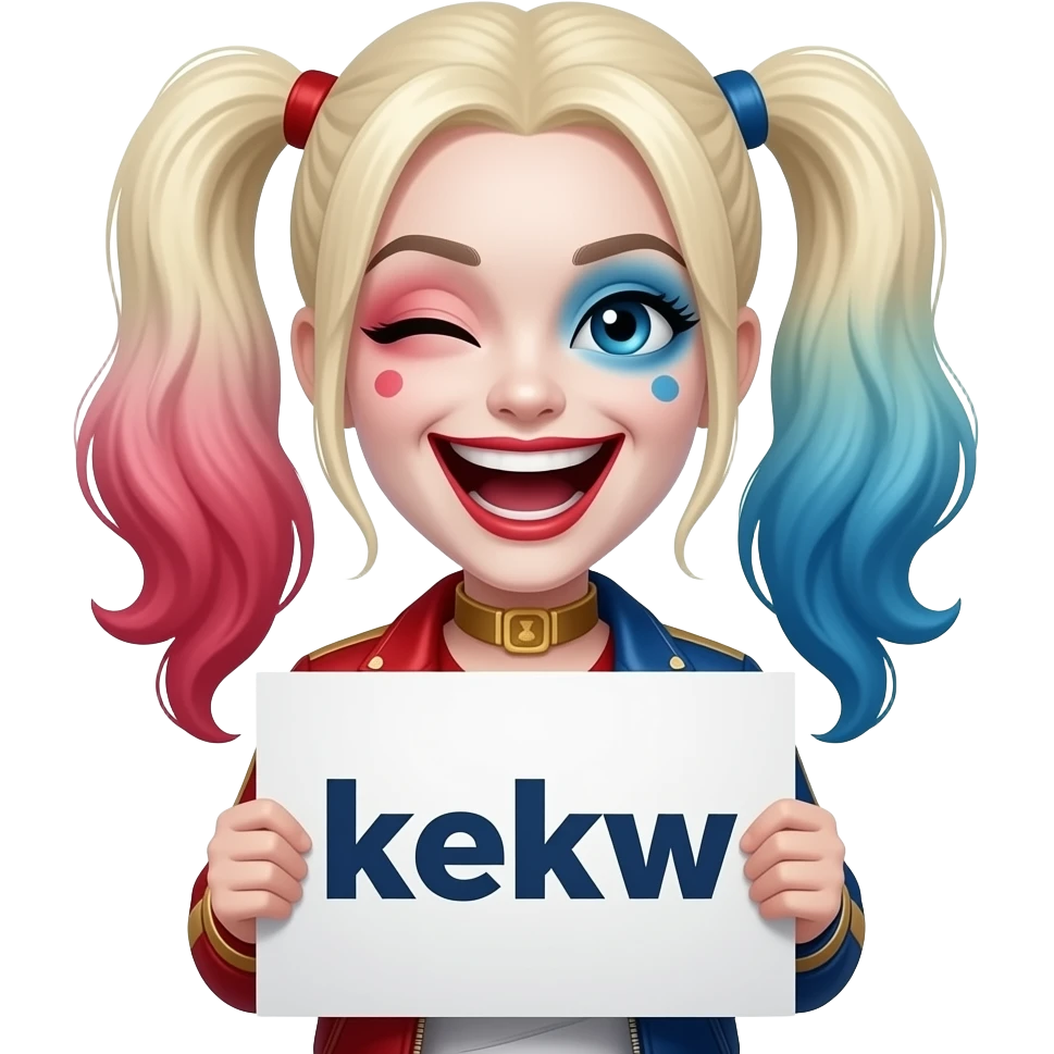 harley quinn con un cartel que ponga kekw y riendose a carcajadas emoji