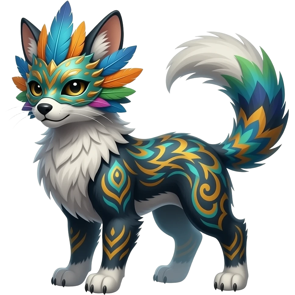 Tropical colorful feathered-masked gloomy foggy eldritch beautiful realistic edgy fantasy vernid-sergal-fursona animal creature full body with intricate markings emoji