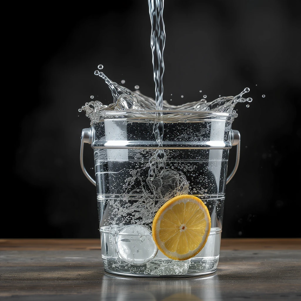 realistic water bucket with metallic shine and water, high detail, photorealistic emoji