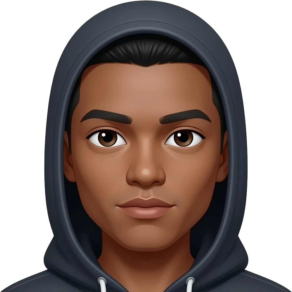 very dark skin, super hooded asain eyes, male, staight fade haircut, thick lips, soft flat nose, teenager emoji