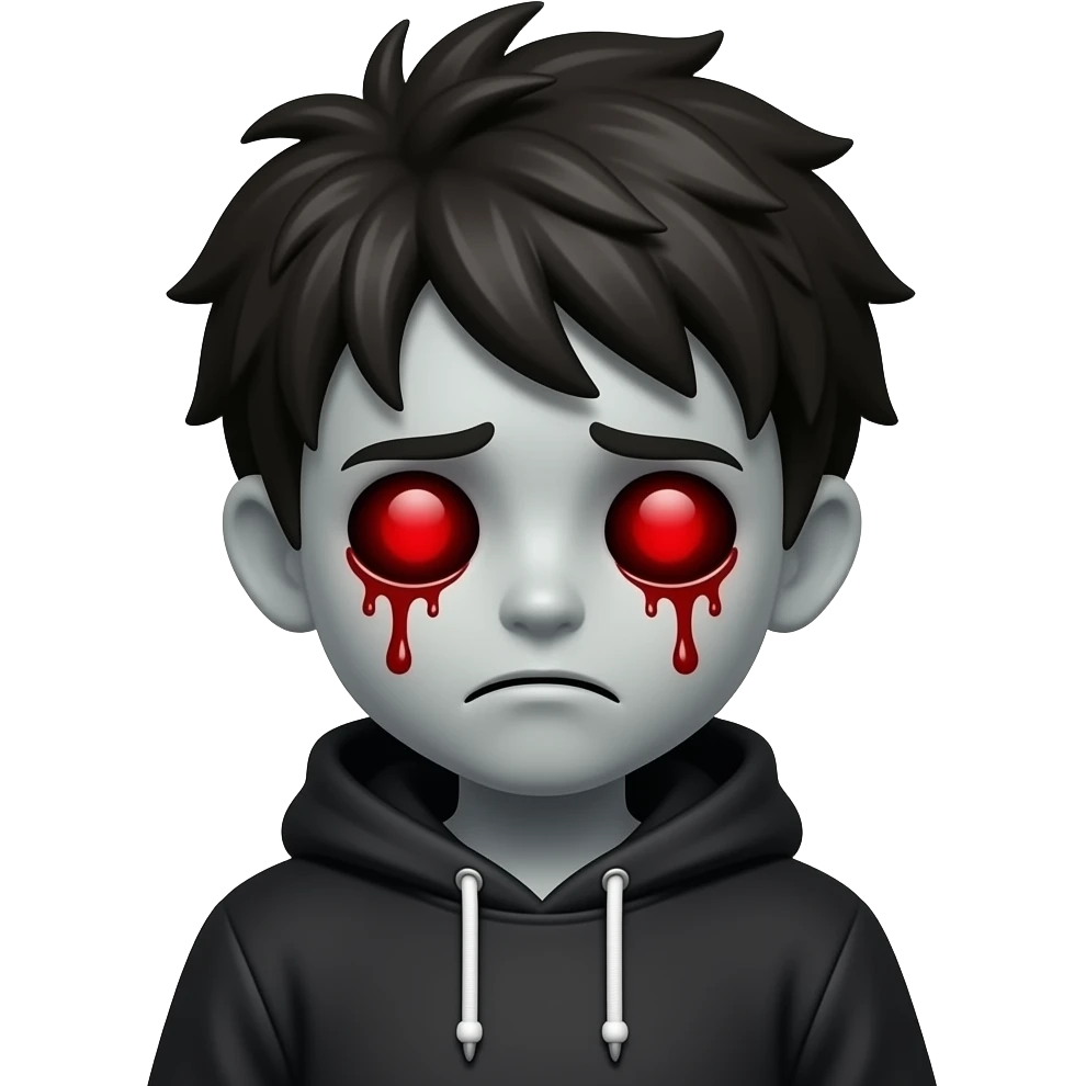I wanna this sticker but with centered scary emoji zombie boy, creepy expression (not sad), glowing red eyes, blood under eyes, pale skin, messy dark hair, hoodie, black background, symmetrical face emoji