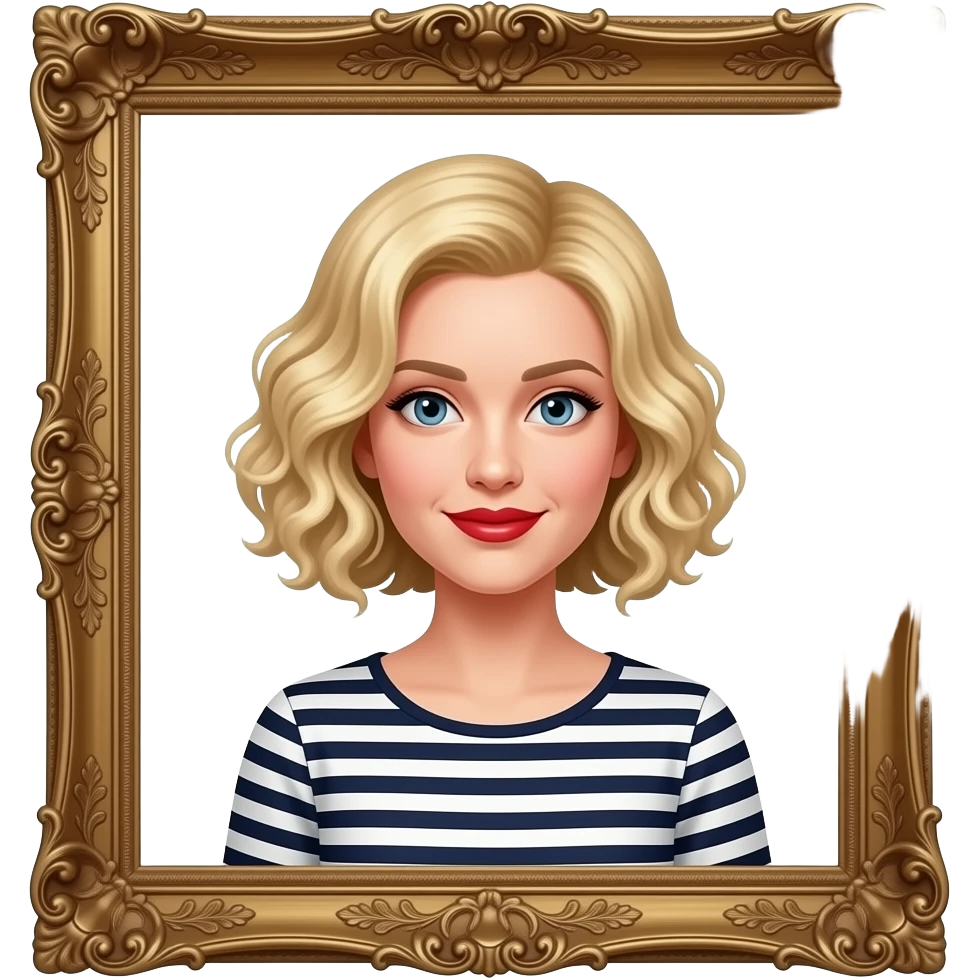 short blonde tight curly hair bob inside an antique frame in red lipstick and black and white striped boat blouse emoji