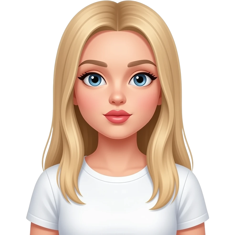 bella ragazza russa bionda capelli lisci lunghi e occhi chiari, con maglietta bianca e bacia con passione emoji