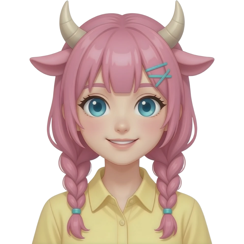 Cute pretty anime lady with horns, pink braided hair with cyan hair ties, pink cow ears, pastel yellow shirt, light blue eyes emoji