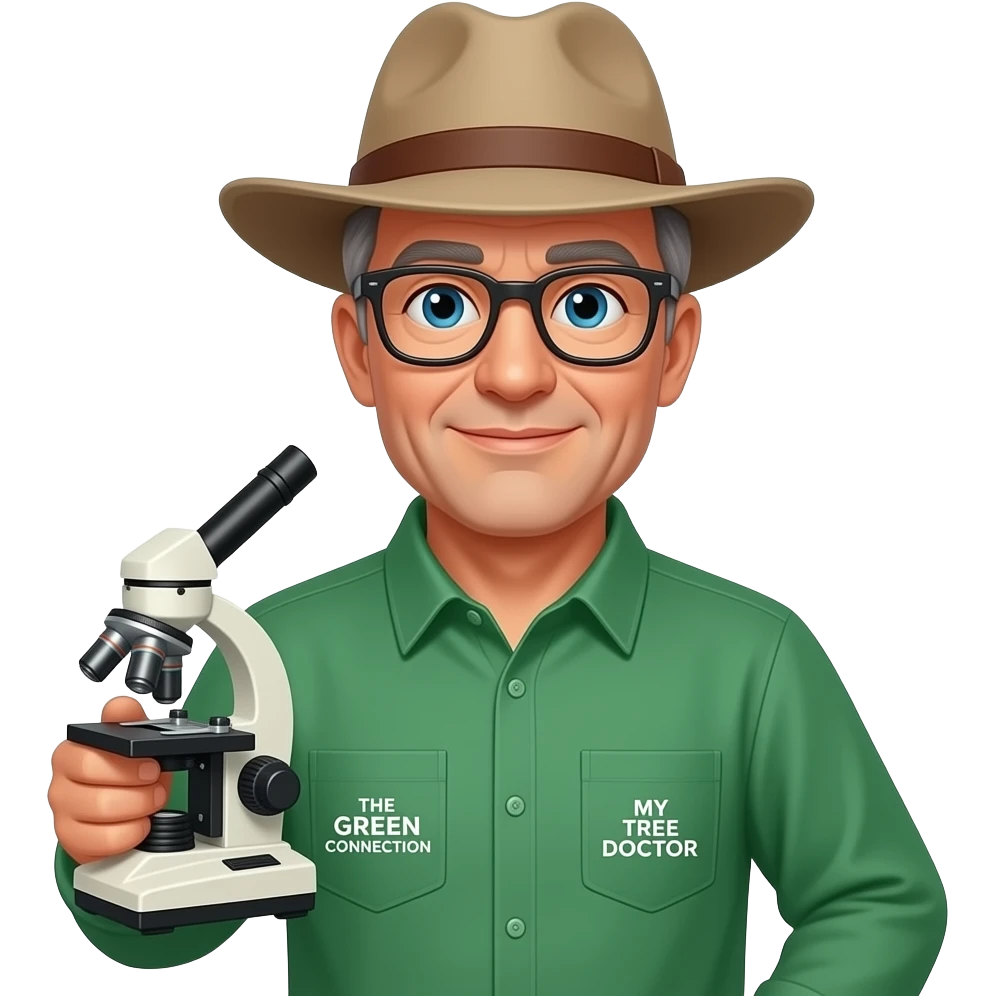 middle-aged man blue eyes. Dark rectangle glasses, in a green-collared, long-sleeve shirt.  Flatter wider-brim Australian Akubru hat. Holding a microscope. Insert 'THE GREEN CONNECTION' in white directly onto the left pocket & onto the right pocket, place only the words 'MY TREE DOCTOR' emoji