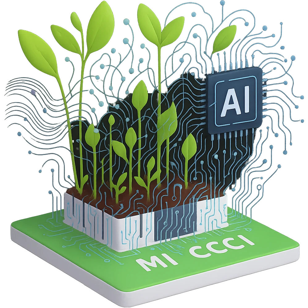 Add more machine learning elements such as neural network patterns, data flow, and algorithmic motifs, while maintaining the blend of natural resources and artificial intelligence. Remove the background to isolate the subject. emoji