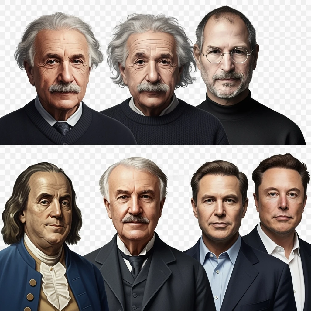 Generate in realistic style Franklin, Edison, Ford in the first row, Einstein, Jobs and Musk in the second behind them. png on transparent background emoji