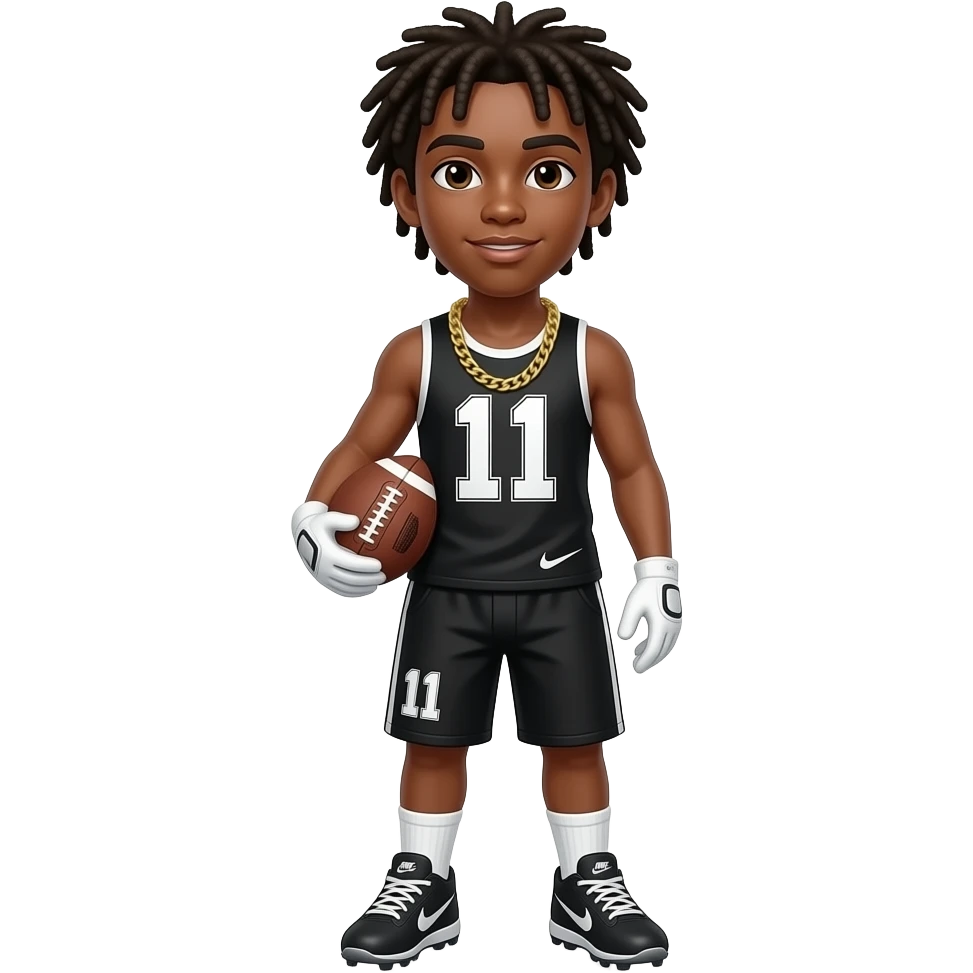 Brown skin teenager with dreads with gold chain with black and white tank top #11 with black shorts with #11 on it Nike cleats standing holding a football with white gloves emoji