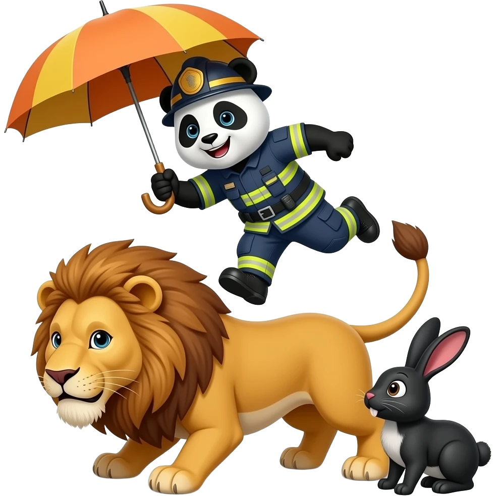 Panda esportista com guarda chuva pulando no leão construtor pra salvar o coelho negro que é um bombeiro emoji