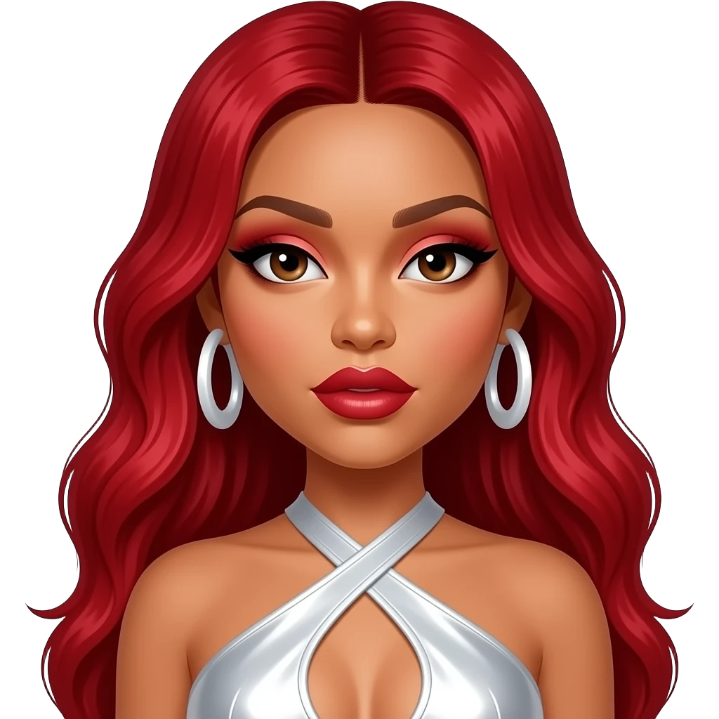 Megan thee Stallion with dark brown eyes, long bright red hair, red eyeshadow and lipstick, white metallic halter dress, white earrings emoji