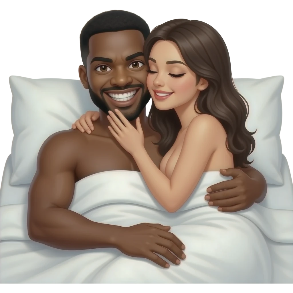 Black guy on a giant white bed with a girl no shirt up close scary laughing face for the black guy emoji