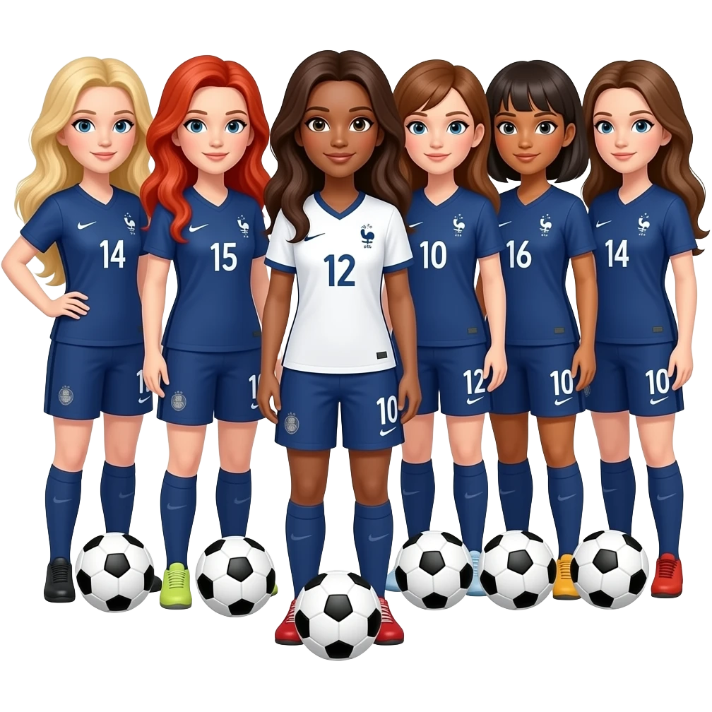 A team of 7 women playing soccer in France : one long blond hair white skin, one red long hair white skin, one with caramel-colored skin and chestnut hair, two with chestnut long hair white skin, one with brown middle hair white skin, one with brown long hair white skin emoji