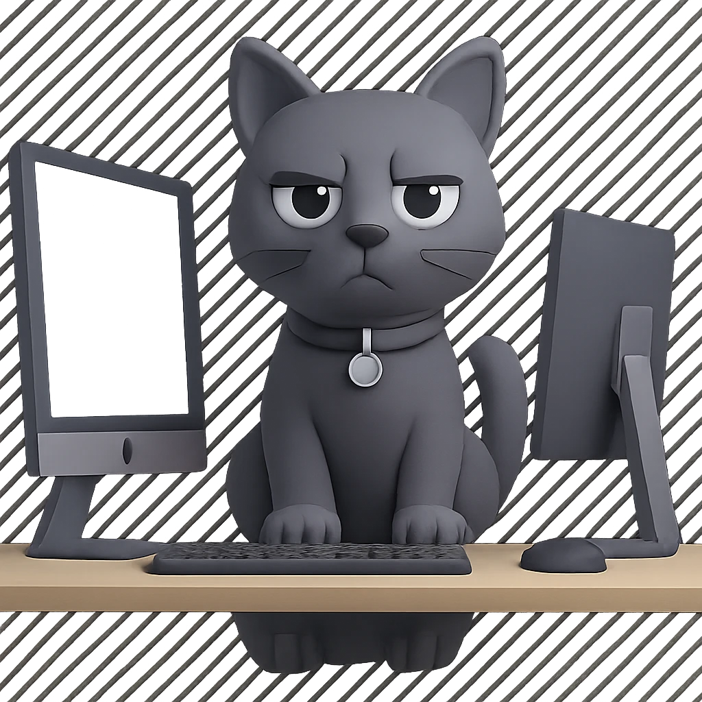 Change the cat to a gray cat, keep the IT theme, sitting at a desk with monitors, professional tech look, no background (transparent). emoji
