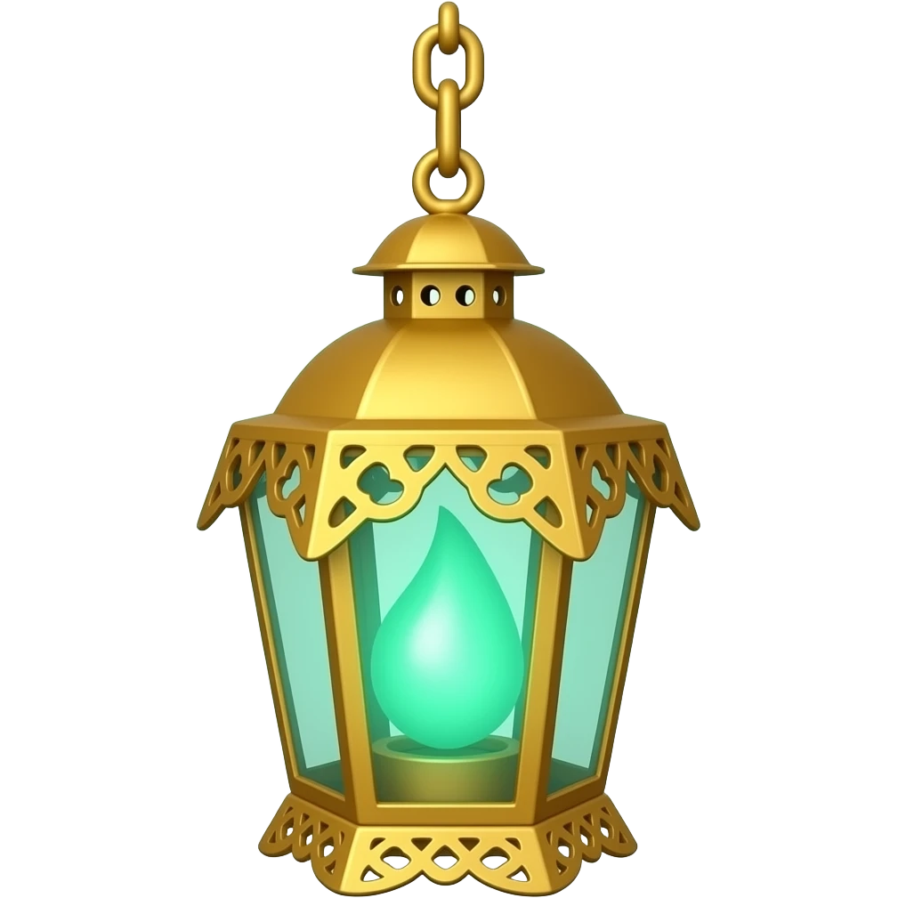 A golden hanging lantern with a emerald green flame, no wire or chain, fairy filigree worked into the design,, but simple emoji