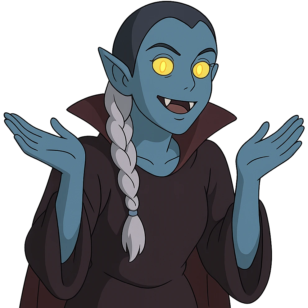1 female, single long white braid with lavender tips. Vampire with blue skin and glowing gold yellow eyes. Meme pose emoji